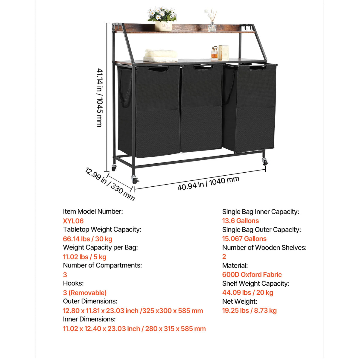 SucceBuy Laundry Sorter Large Laundry Hamper with Metal Frame Freestanding Storage Organizer Baskets for Dirty Clothes, Bathroom