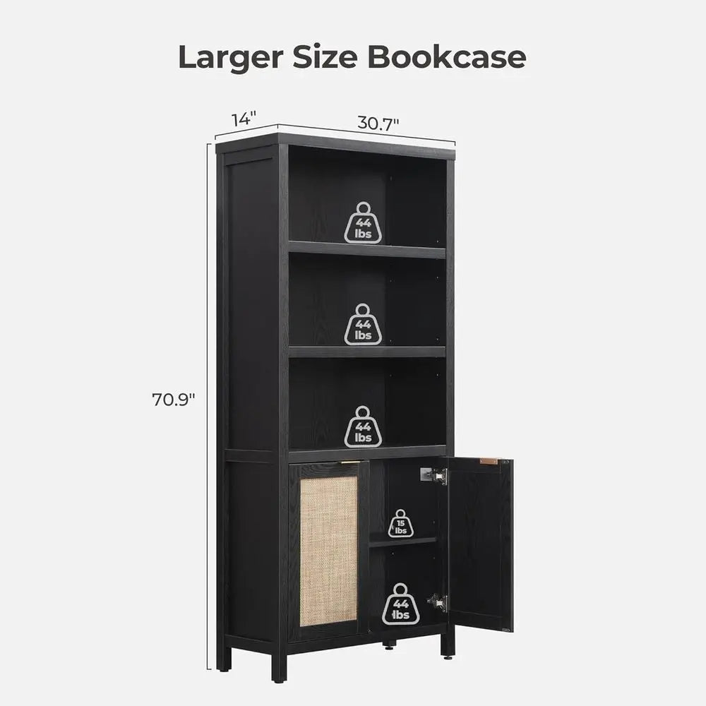 Bookcase 71" Tall Bookshelf 5-Tier Rattan Boho Bookcase with Storage Large Book Case Shelf farmhouse Bookshelves