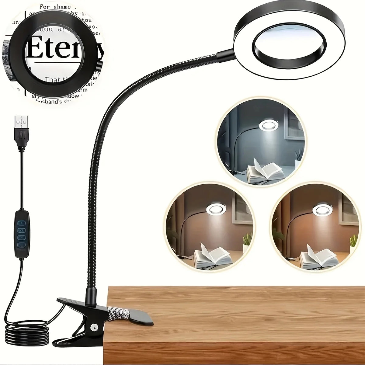 LED Clip-On Magnifying Desk Lamp 5X Magnifier USB Powered 3 Colors 10 Levels Dimmable Adjustable Flexible Gooseneck Sturdy Metal Clamp Base Makeup Reading Craft Repair Sewing Hobby Light for Office Study Bedroom Living Room W