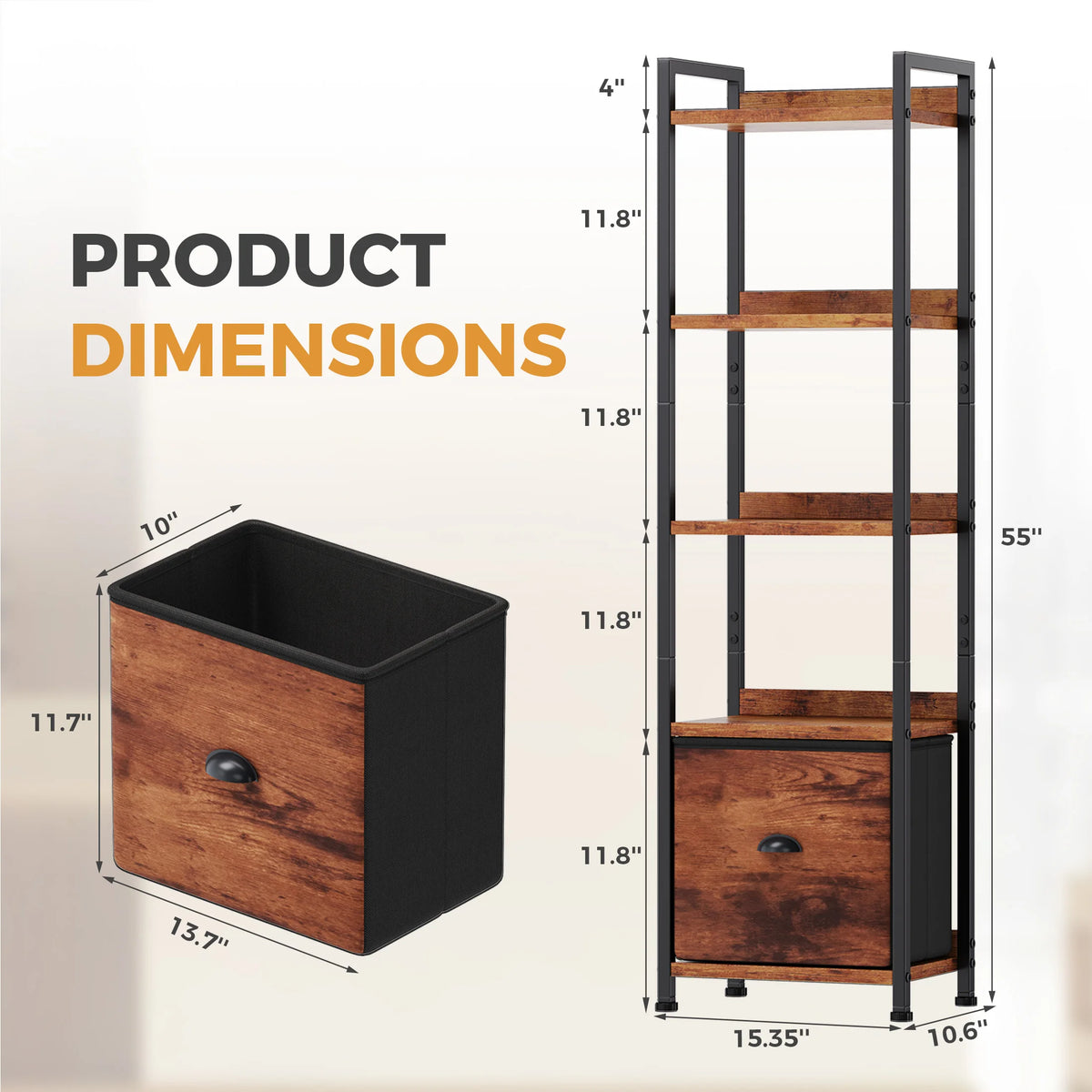 MCQ 5-Tiers Metal Classic Bookshelf with Fabric Drawer Freestanding Tall Display Shelf Storage Shelves Bookshelf Sturdy Structure Graduated Shelves for Home