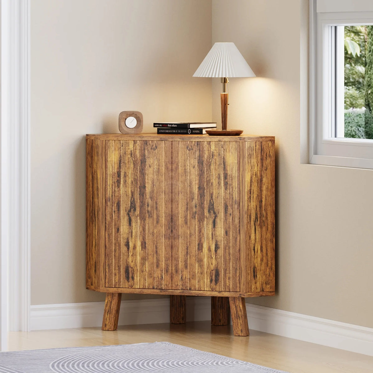 Farmhouse Corner Storage Cabinet with Adjustable Shelf,Industrial Wooden Corner Table,Corner End Table for Living Room,Kitchen