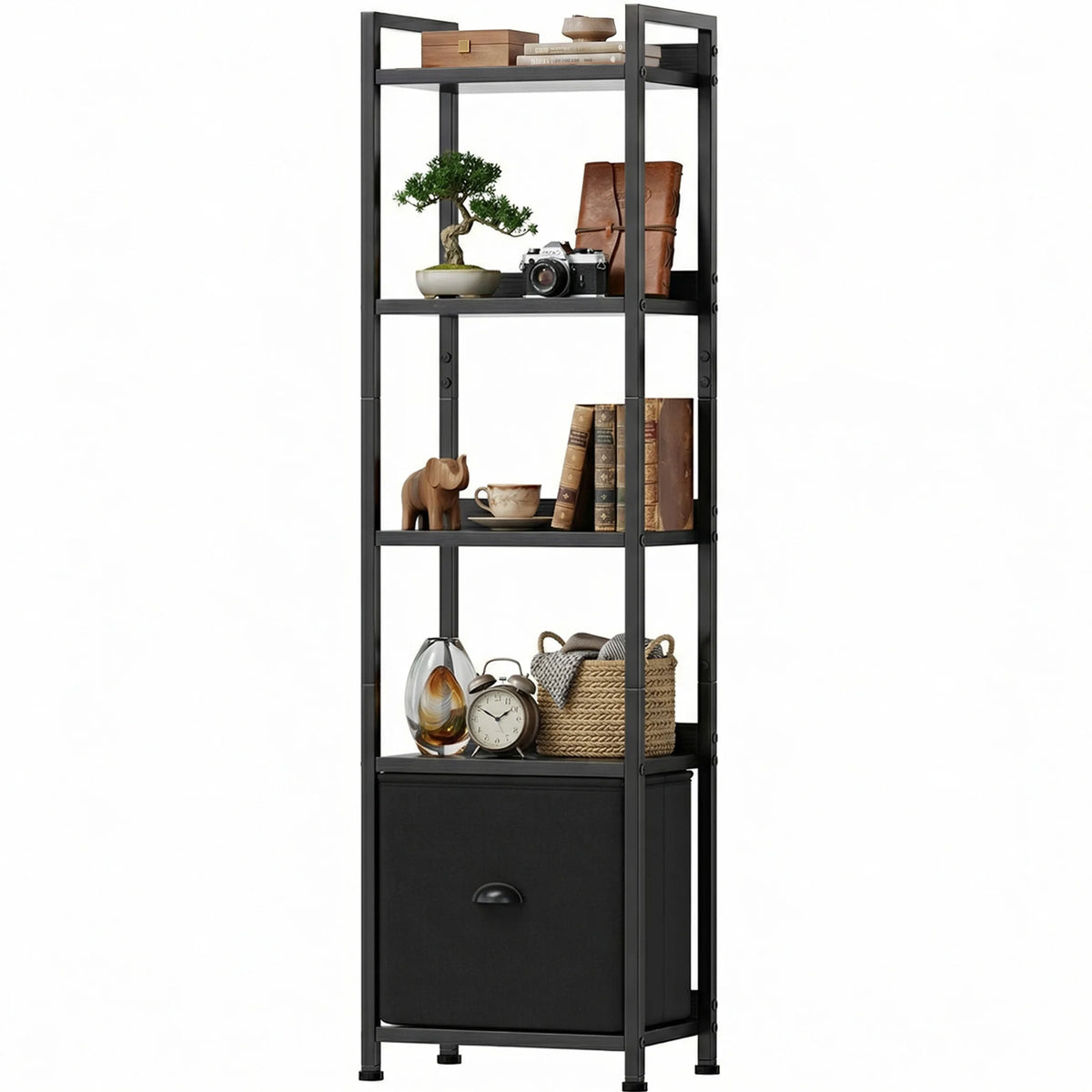 MCQ 5-Tiers Metal Classic Bookshelf with Fabric Drawer Freestanding Tall Display Shelf Storage Shelves Bookshelf Sturdy Structure Graduated Shelves for Home