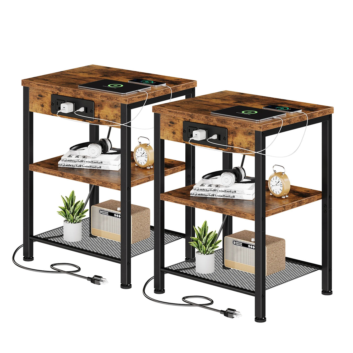 JHK 1/2 Pack 3-Tier Small Side Table with Charging Station Outlets and USB Ports Adjustable Nightstand for Living Room Bedroom Small Spaces ﻿