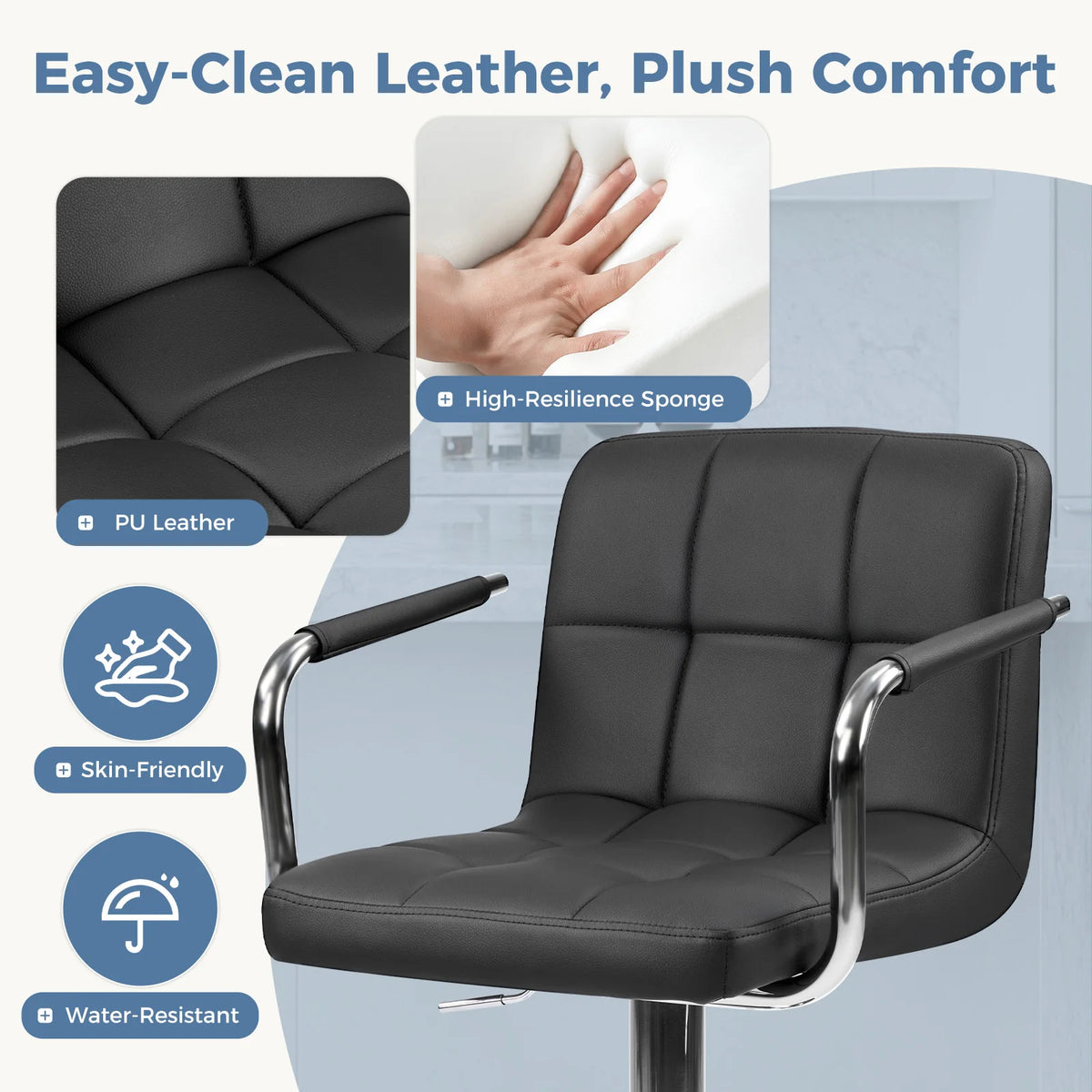 JHK Ergonomic Padded Armrests PU Leather Adjustable Swivel Office Chair Counter Height Thickened Seat Cushion with Back Chair