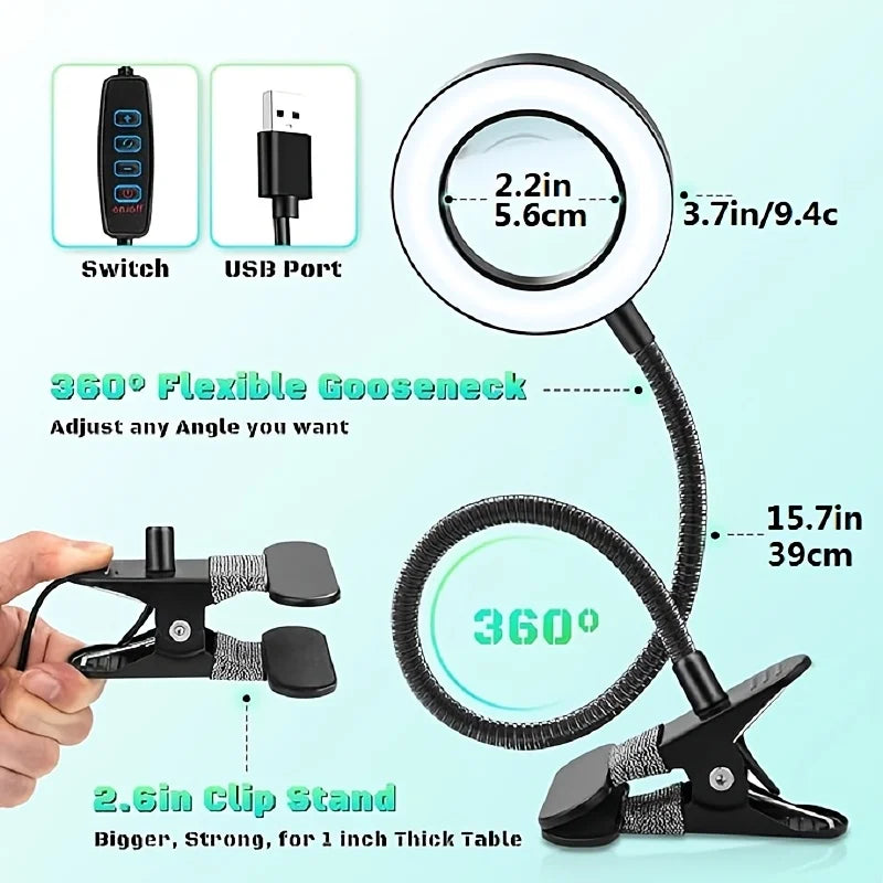 LED Clip-On Magnifying Desk Lamp 5X Magnifier USB Powered 3 Colors 10 Levels Dimmable Adjustable Flexible Gooseneck Sturdy Metal Clamp Base Makeup Reading Craft Repair Sewing Hobby Light for Office Study Bedroom Living Room W