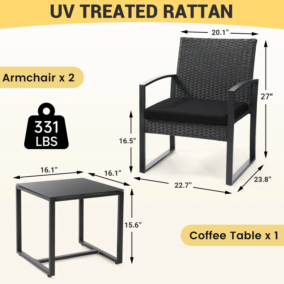 3 Pcs Outdoor Wicker Patio Bistro Set Conversation Furniture with Coffee Table Cushions for Garden Pool Balcony Backyard