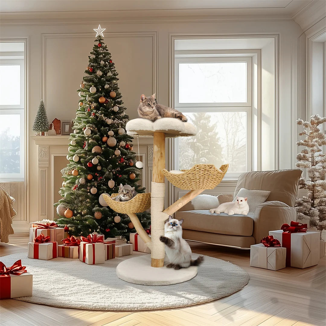 43.3" Modern Cat Furniture Climbing Tree Solid Wood Activity Center with Scratching Post for Kitty