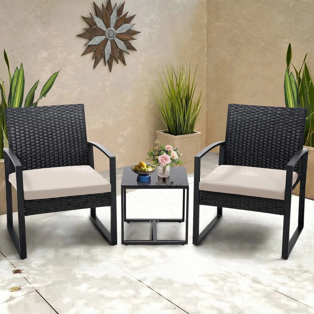 3 Pcs Outdoor Wicker Patio Bistro Set Conversation Furniture with Coffee Table Cushions for Garden Pool Balcony Backyard