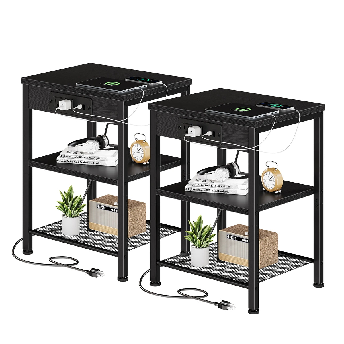 JHK 1/2 Pack 3-Tier Small Side Table with Charging Station Outlets and USB Ports Adjustable Nightstand for Living Room Bedroom Small Spaces ﻿