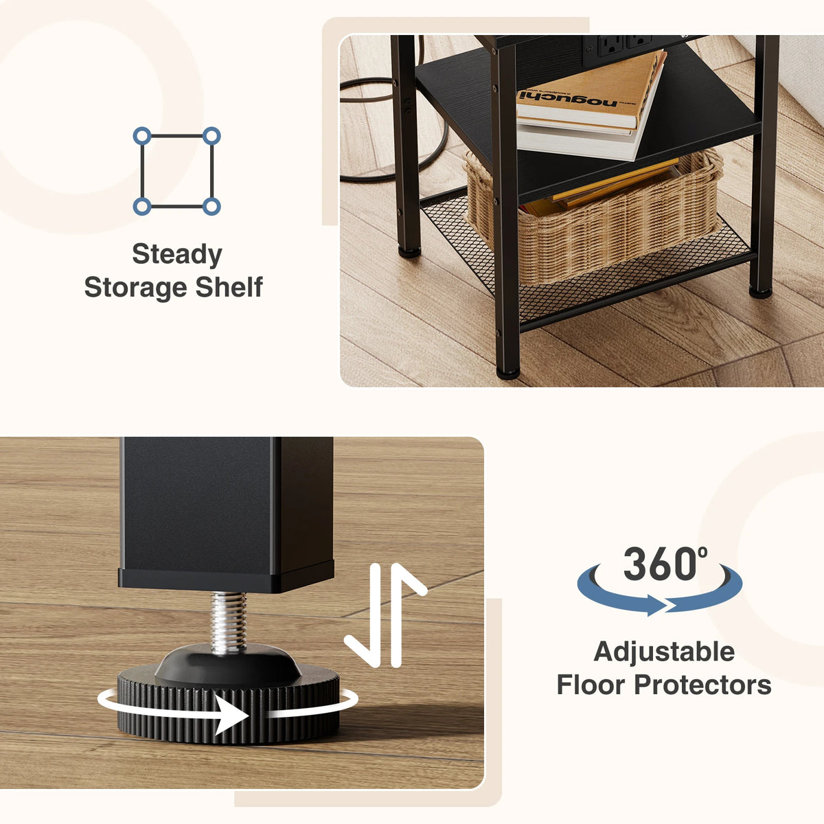 JHK 1/2 Pack 3-Tier Small Side Table with Charging Station Outlets and USB Ports Adjustable Nightstand for Living Room Bedroom Small Spaces ﻿