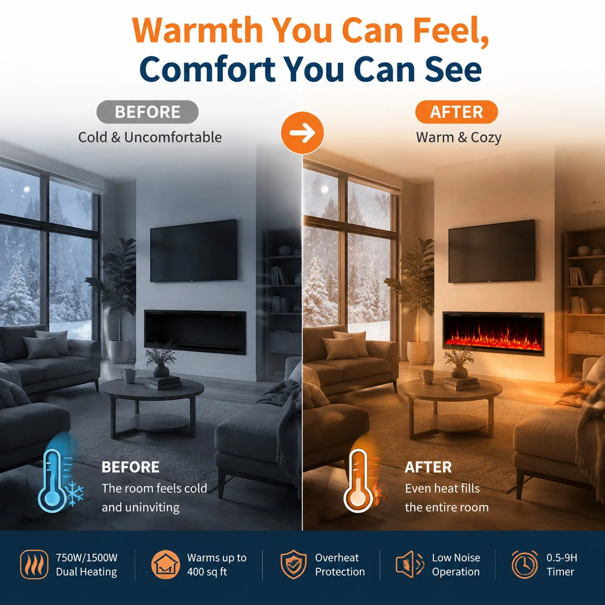 Electric Fireplace 60 Inch Recessed Wall Mount Linear Fireplace Heater with 12 Color Flames Log and Crystal Insert 750 1500W Adjustable Speed Brightness Remote Touch Screen Timer for Home Living Room Bedroom