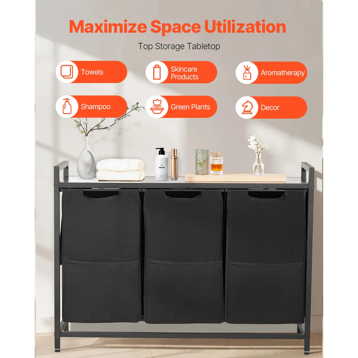 SucceBuy Laundry Sorter Large Laundry Hamper with Metal Frame Freestanding Storage Organizer Baskets for Dirty Clothes, Bathroom