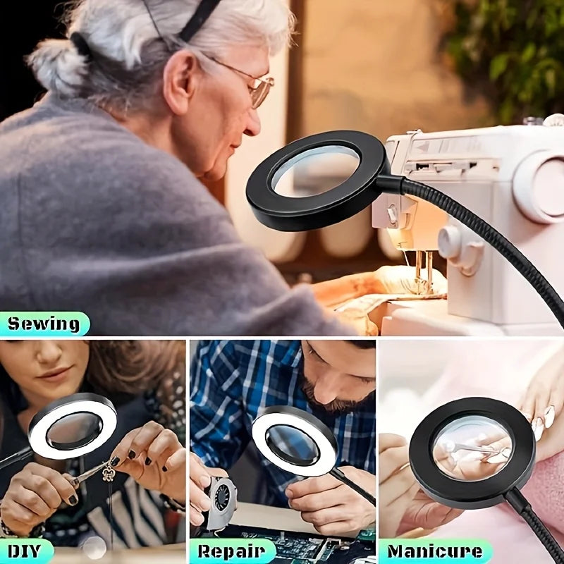 LED Clip-On Magnifying Desk Lamp 5X Magnifier USB Powered 3 Colors 10 Levels Dimmable Adjustable Flexible Gooseneck Sturdy Metal Clamp Base Makeup Reading Craft Repair Sewing Hobby Light for Office Study Bedroom Living Room W