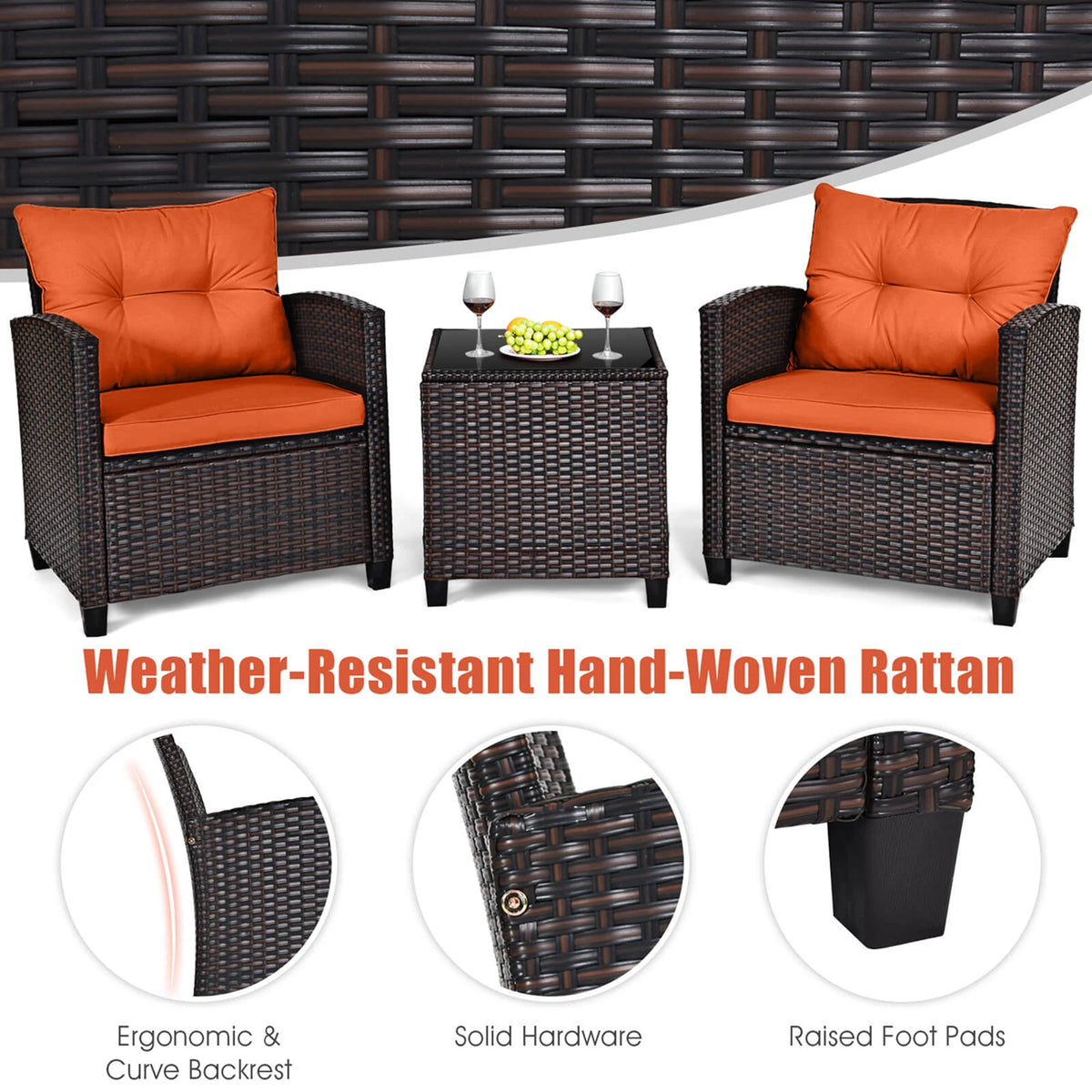 3 PCS Patio Rattan Furniture Set Cushioned Conversation Set Sofa Orange