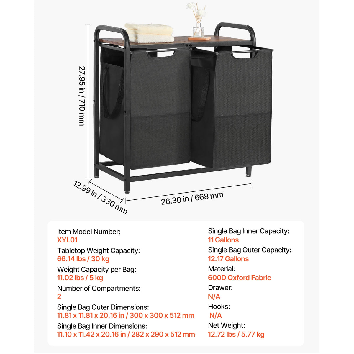 SucceBuy Laundry Sorter Large Laundry Hamper with Metal Frame Freestanding Storage Organizer Baskets for Dirty Clothes, Bathroom