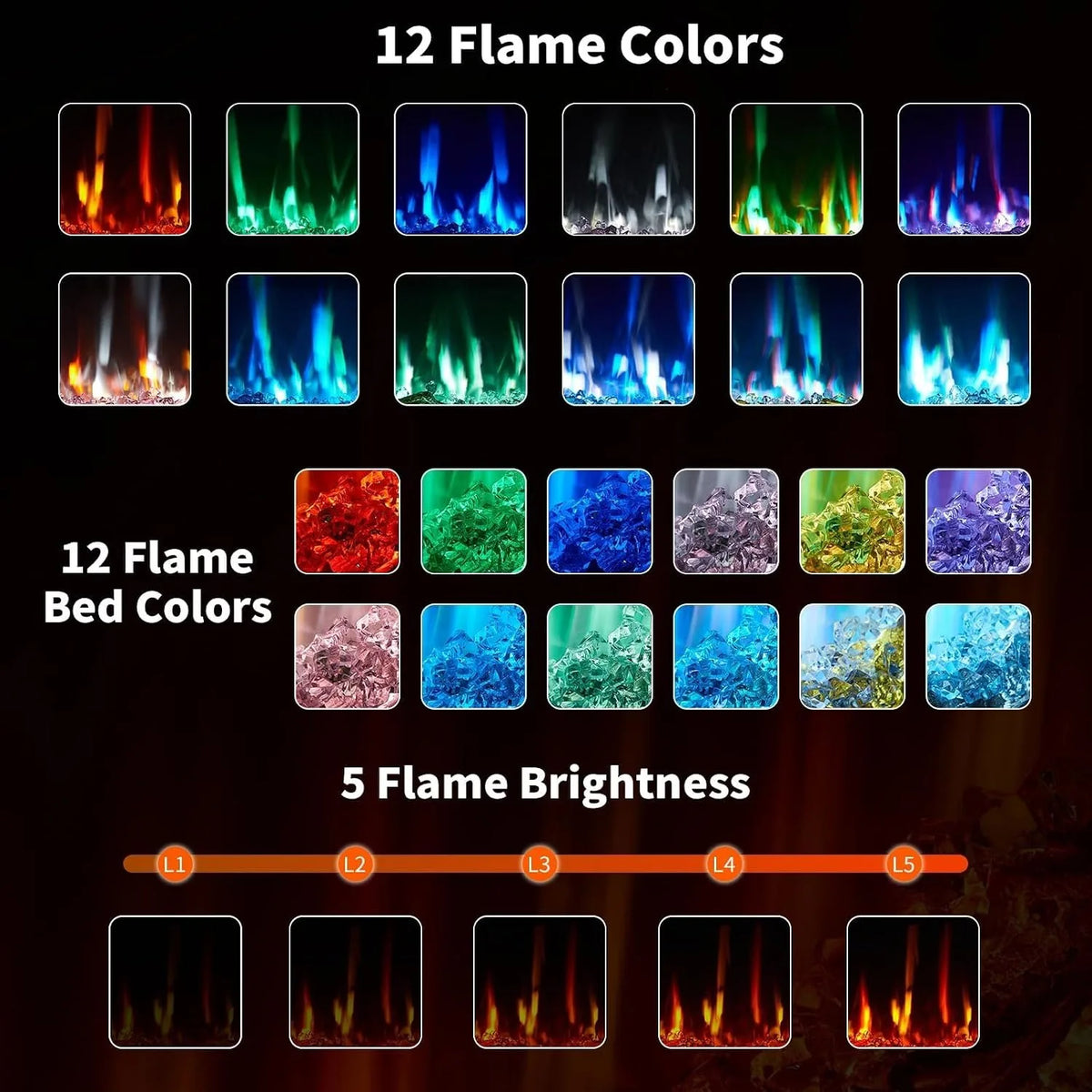 Electric Fireplace 60 Inch Recessed Wall Mount Linear Fireplace Heater with 12 Color Flames Log and Crystal Insert 750 1500W Adjustable Speed Brightness Remote Touch Screen Timer for Home Living Room Bedroom