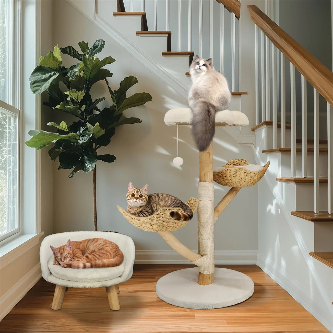 43.3" Modern Cat Furniture Climbing Tree Solid Wood Activity Center with Scratching Post for Kitty