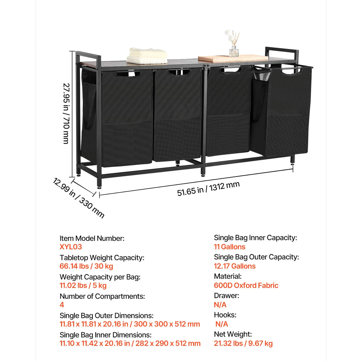SucceBuy Laundry Sorter Large Laundry Hamper with Metal Frame Freestanding Storage Organizer Baskets for Dirty Clothes, Bathroom