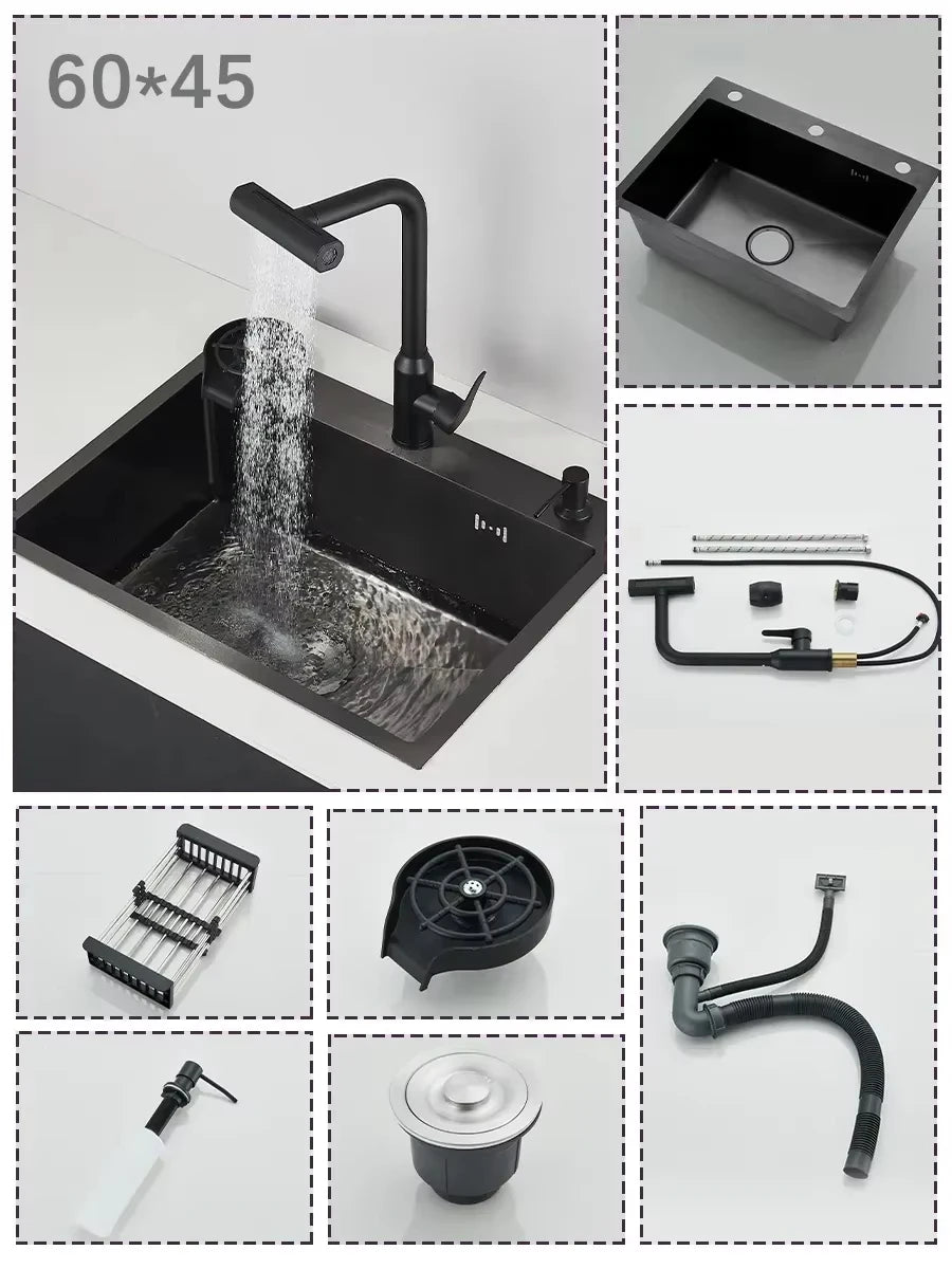 Stainless Steel Kitchen Sink Large Integrated Faucet Sink Dish Basin With Drain Basket Soap Dispenser/Pure Water/Cup Washer