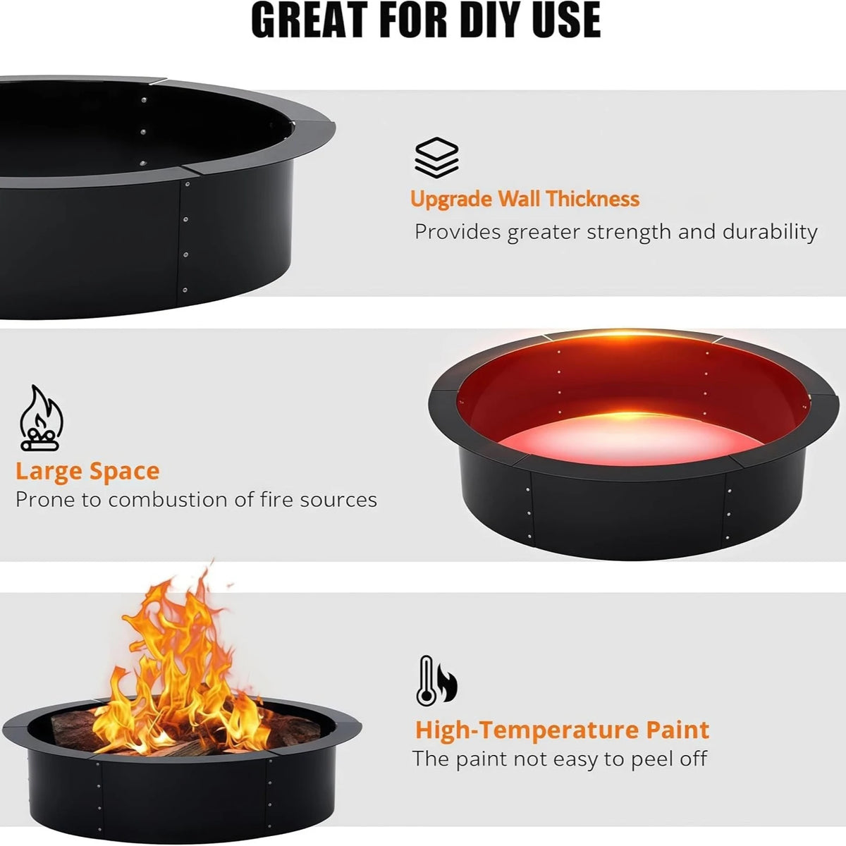 48 60 Inch Heavy Duty Steel Fire Pit Ring Insert Outdoor Wood Burning Fire Pit Liner Bottomless Round Fire Ring Above Ground In Ground DIY Backyard Patio Camping