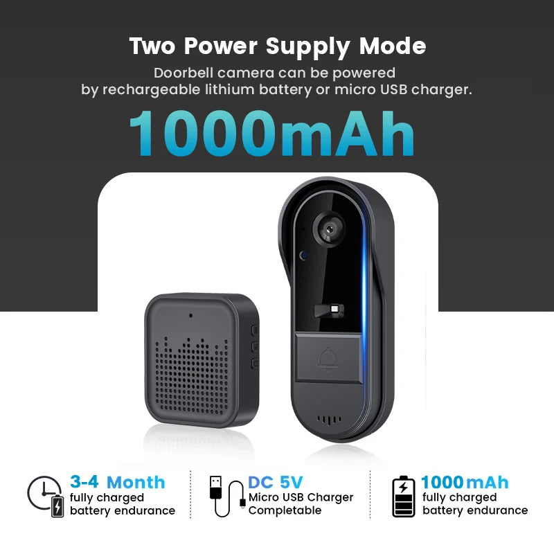 XBIBI Tuya WiFi doorbell  2-way HD 1080P, microSD/cloud, waterproof, 1000mAh battery, long standby,Wireless Security Camera