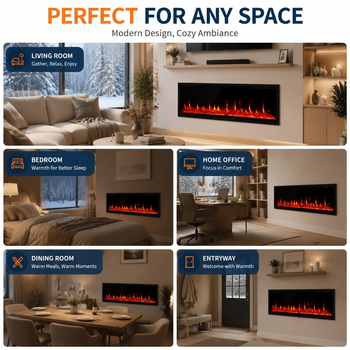 Electric Fireplace 60 Inch Recessed Wall Mount Linear Fireplace Heater with 12 Color Flames Log and Crystal Insert 750 1500W Adjustable Speed Brightness Remote Touch Screen Timer for Home Living Room Bedroom