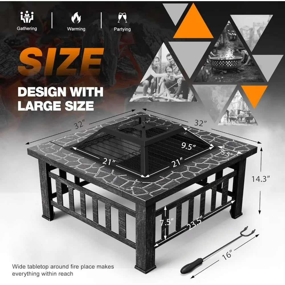 Devoko Outdoor Fire Pit, 32 Inch Firepit Table Metal Outdoor Fireplaces with Waterproof Cover for Outside Patio Camping (Silver)