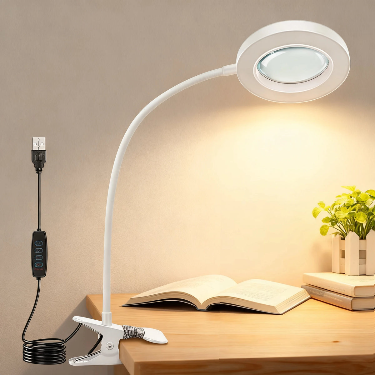 LED Clip-On Magnifying Desk Lamp 5X Magnifier USB Powered 3 Colors 10 Levels Dimmable Adjustable Flexible Gooseneck Sturdy Metal Clamp Base Makeup Reading Craft Repair Sewing Hobby Light for Office Study Bedroom Living Room W