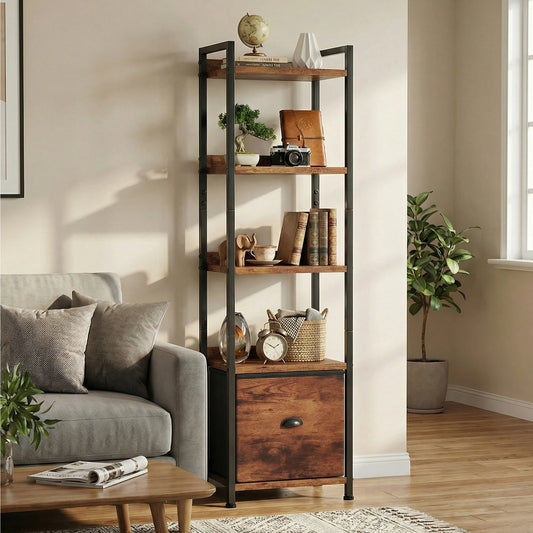 MCQ 5-Tiers Metal Classic Bookshelf with Fabric Drawer Freestanding Tall Display Shelf Storage Shelves Bookshelf Sturdy Structure Graduated Shelves for Home