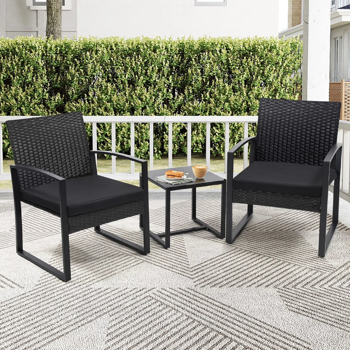 3 Pcs Outdoor Wicker Patio Bistro Set Conversation Furniture with Coffee Table Cushions for Garden Pool Balcony Backyard