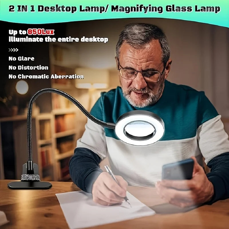 LED Clip-On Magnifying Desk Lamp 5X Magnifier USB Powered 3 Colors 10 Levels Dimmable Adjustable Flexible Gooseneck Sturdy Metal Clamp Base Makeup Reading Craft Repair Sewing Hobby Light for Office Study Bedroom Living Room W