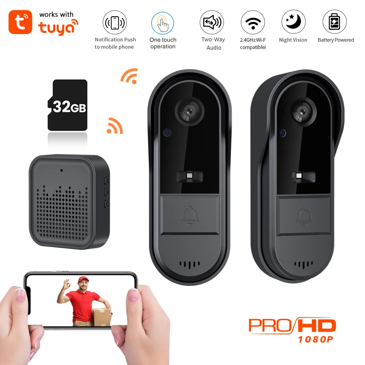 XBIBI Tuya WiFi doorbell  2-way HD 1080P, microSD/cloud, waterproof, 1000mAh battery, long standby,Wireless Security Camera