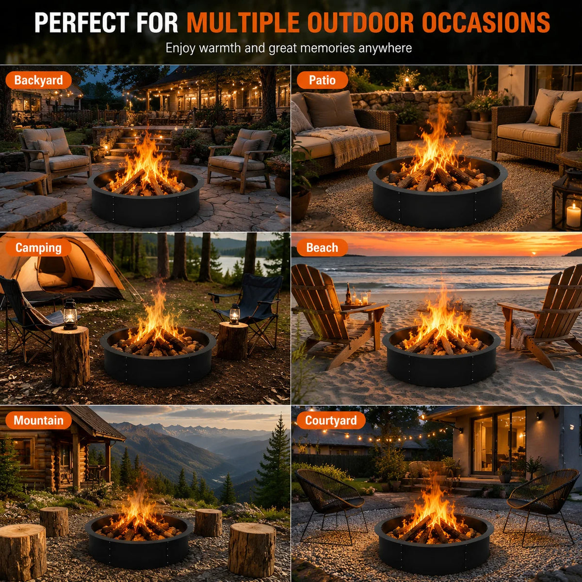 48 60 Inch Heavy Duty Steel Fire Pit Ring Insert Outdoor Wood Burning Fire Pit Liner Bottomless Round Fire Ring Above Ground In Ground DIY Backyard Patio Camping