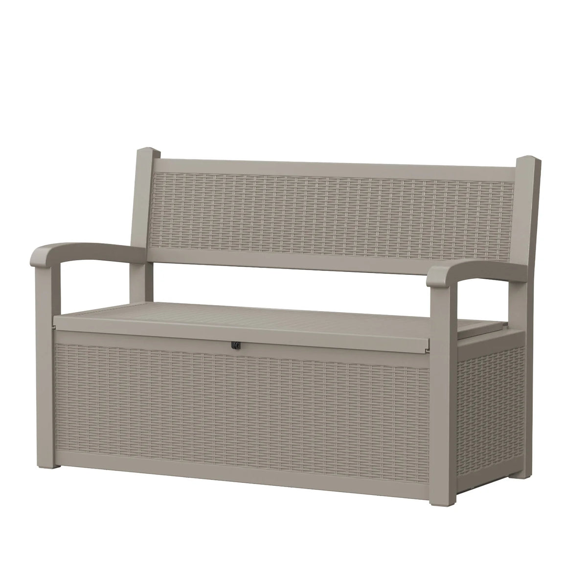 Outdoor Storage Bench with Rattan Look, Light Brown, Weatherproof Resin Patio Bench with Storage Box for Garden Backyard Poolside